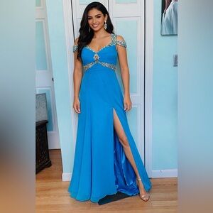 Size 4 Panoply 14617 Aqua Off Shoulder AB Beads Open Back with Slit Prom Dress